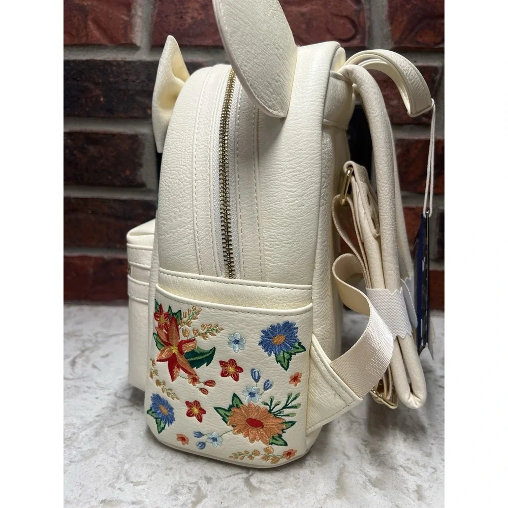 Loungefly Disney Minnie Mouse Embroidered Floral Bow Mini Backpack Beige NEW - Picture 7 of 12